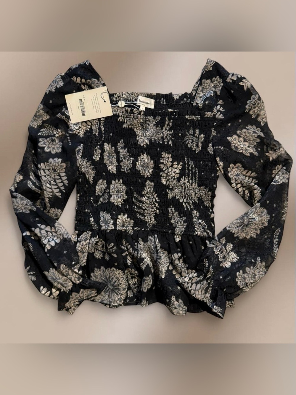 Böhme NWT Black Floral Smocked Top Small Square Neck Romantic Blouse